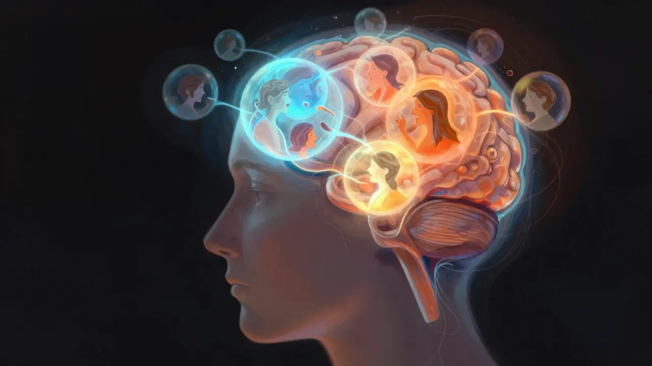 Surreal artwork showing conflicting inner voices swirling inside a human head