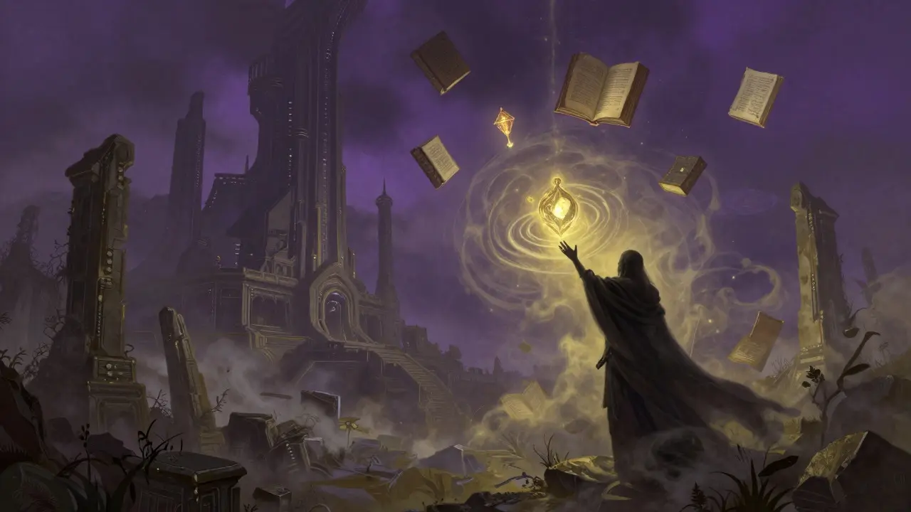 Surreal blend of fantasy ruins and sci-fi structures with floating books and artifacts