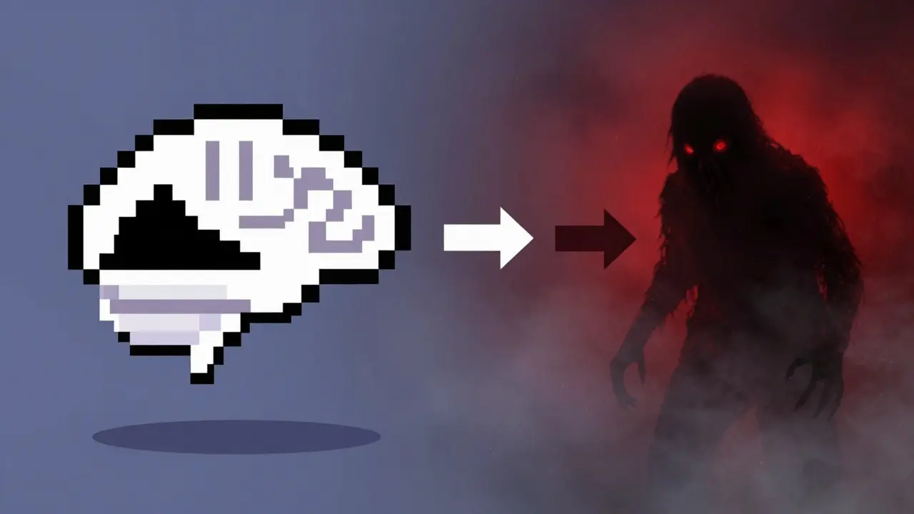 Surreal illustration showing how simple 8-bit pixels transform into scary monsters in the human mind
