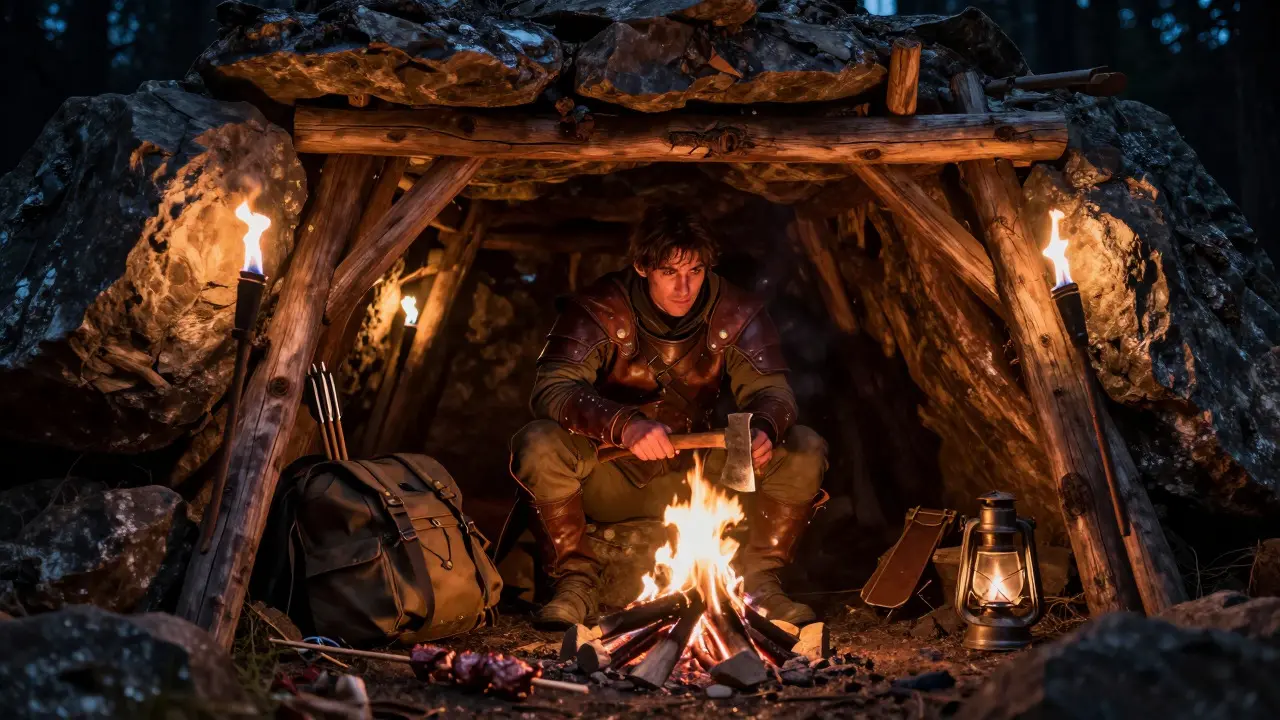 Survivor preparing weapons inside a torch-lit wooden shelter at night