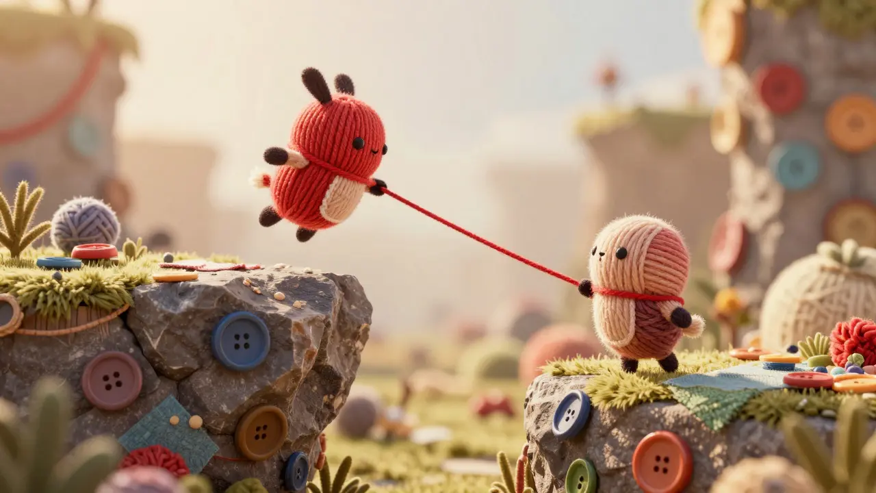 Two yarn characters connected by a thread jumping over an obstacle
