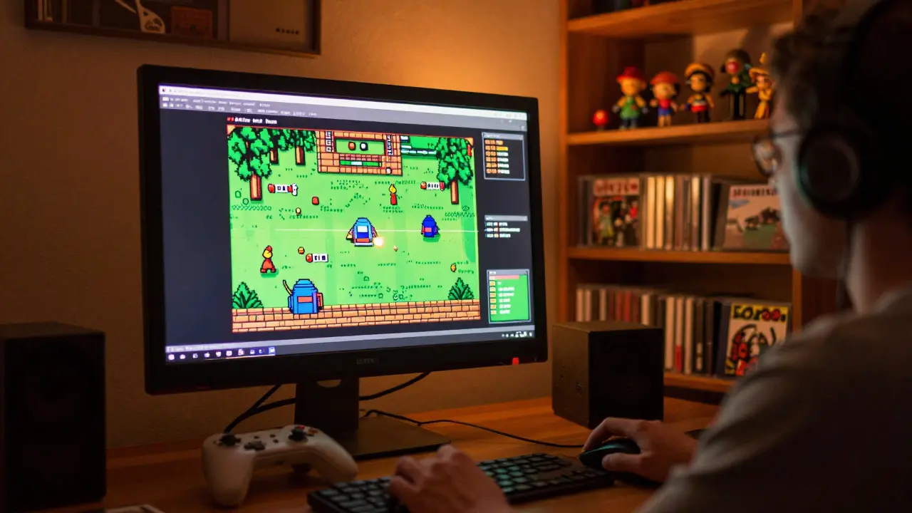Уютная игровая зона с ретро-игрой на мониторе и винтажными аксессуарами