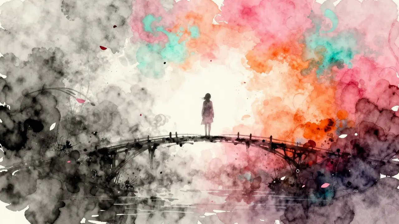 Watercolor-style figure on a bridge transitioning from gray to vibrant colors