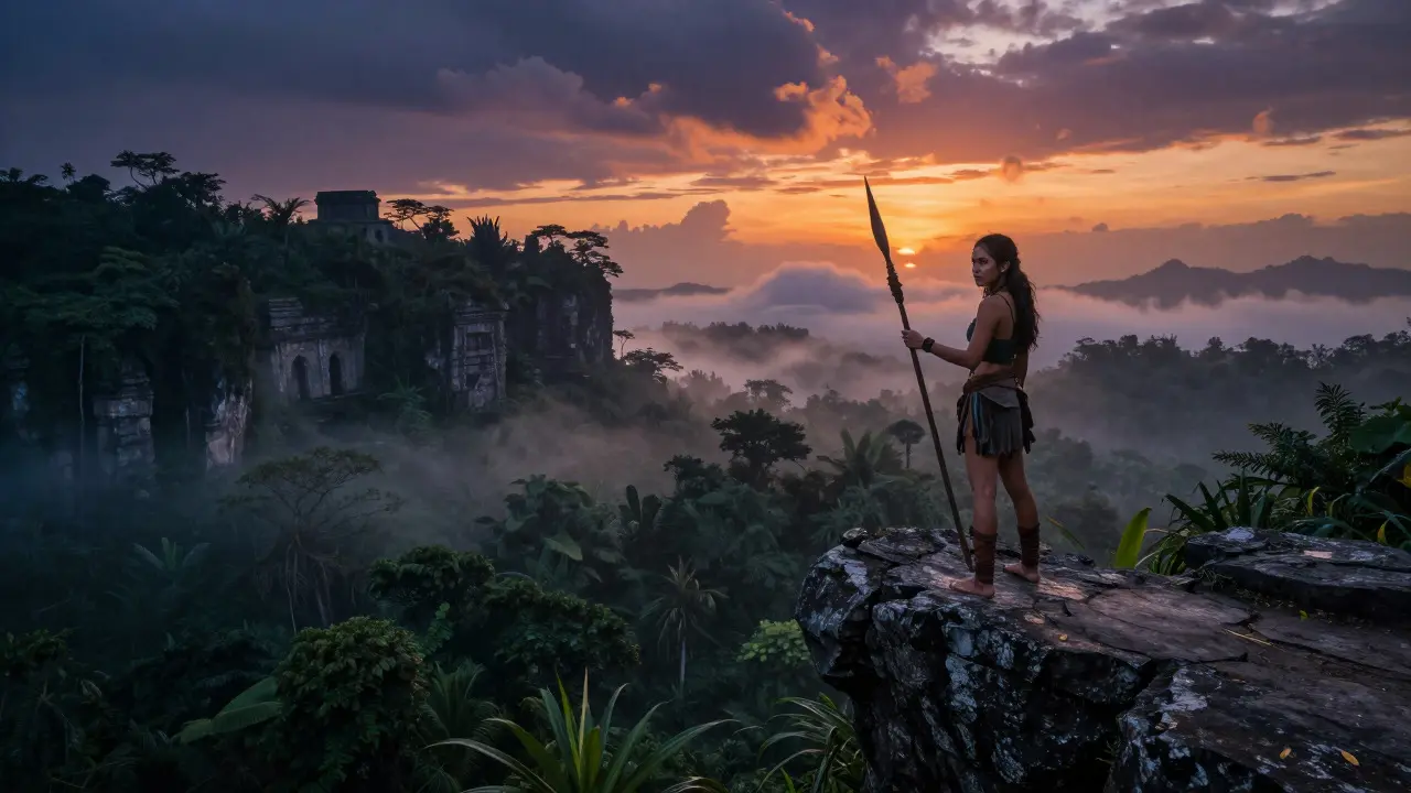 Young explorer standing on a cliff overlooking a misty jungle island