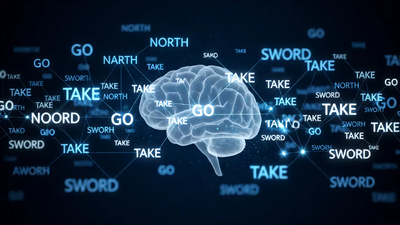 Abstract digital network of glowing words representing game parser