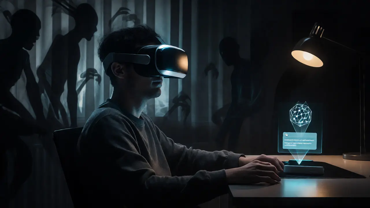 Человек в VR-очках в темной комнате с призрачными силуэтами на фоне