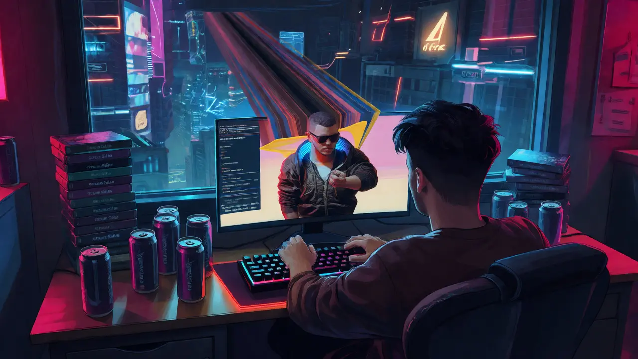 Геймер за столом с RGB-подсветкой наблюдает за багом персонажа на экране монитора.