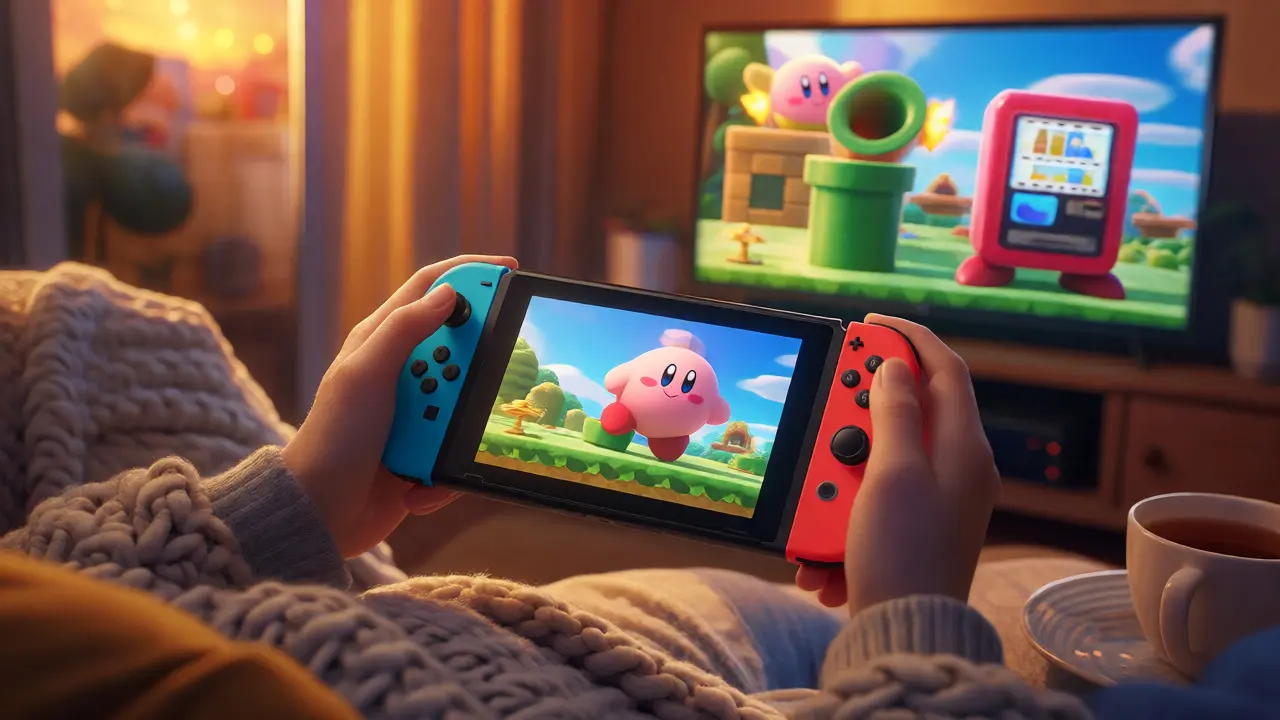 Игрок отдыхает за Nintendo Switch дома вечером