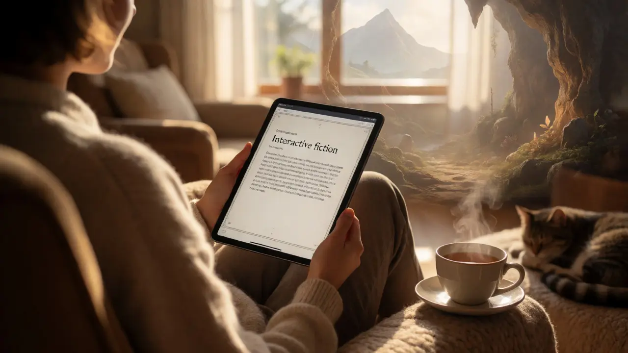 Person reading text adventure on tablet in cozy sunlit room