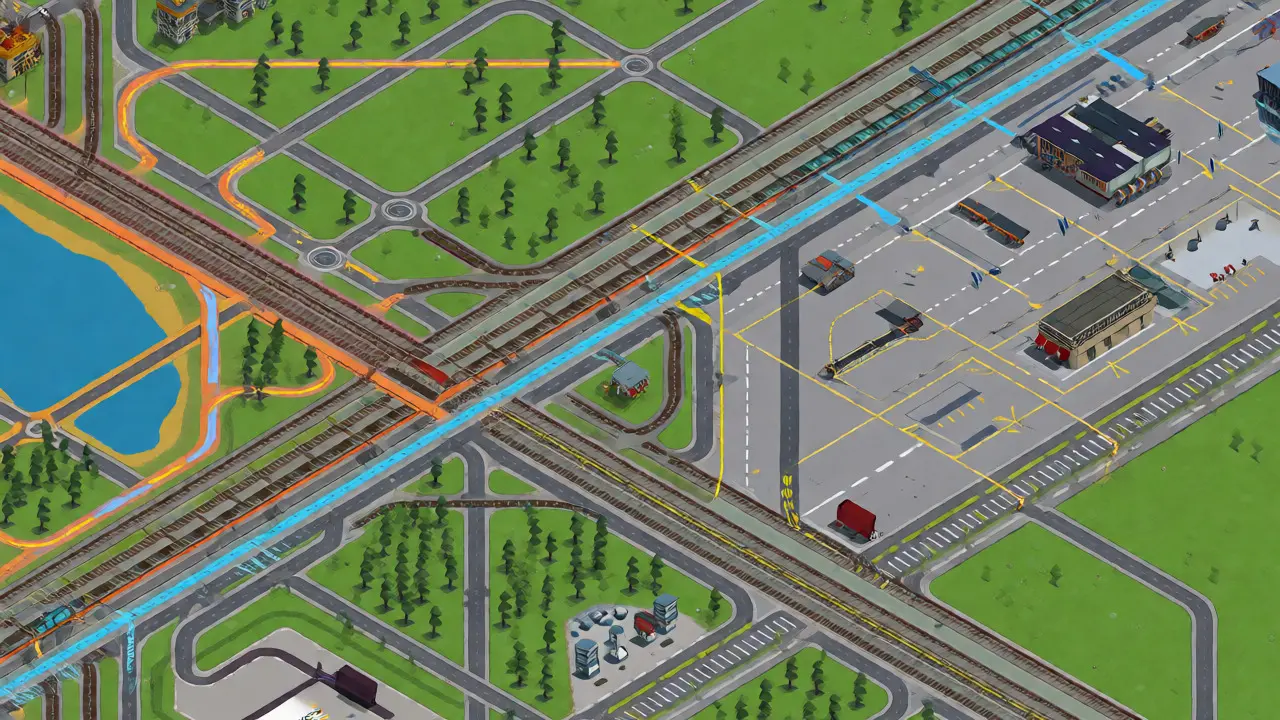 Сложная сеть дорог и железных дорог в OpenTTD