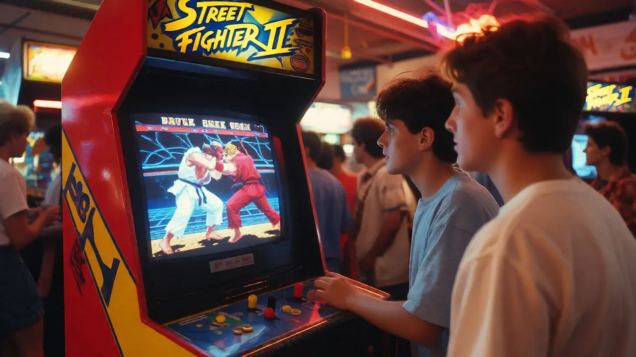 Два подростка соревнуются в Street Fighter II в игровом центре