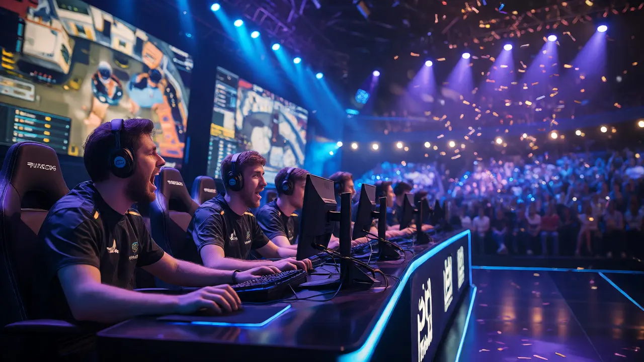 Команда киберспортсменов за компьютерами на крупном турнире по Counter-Strike